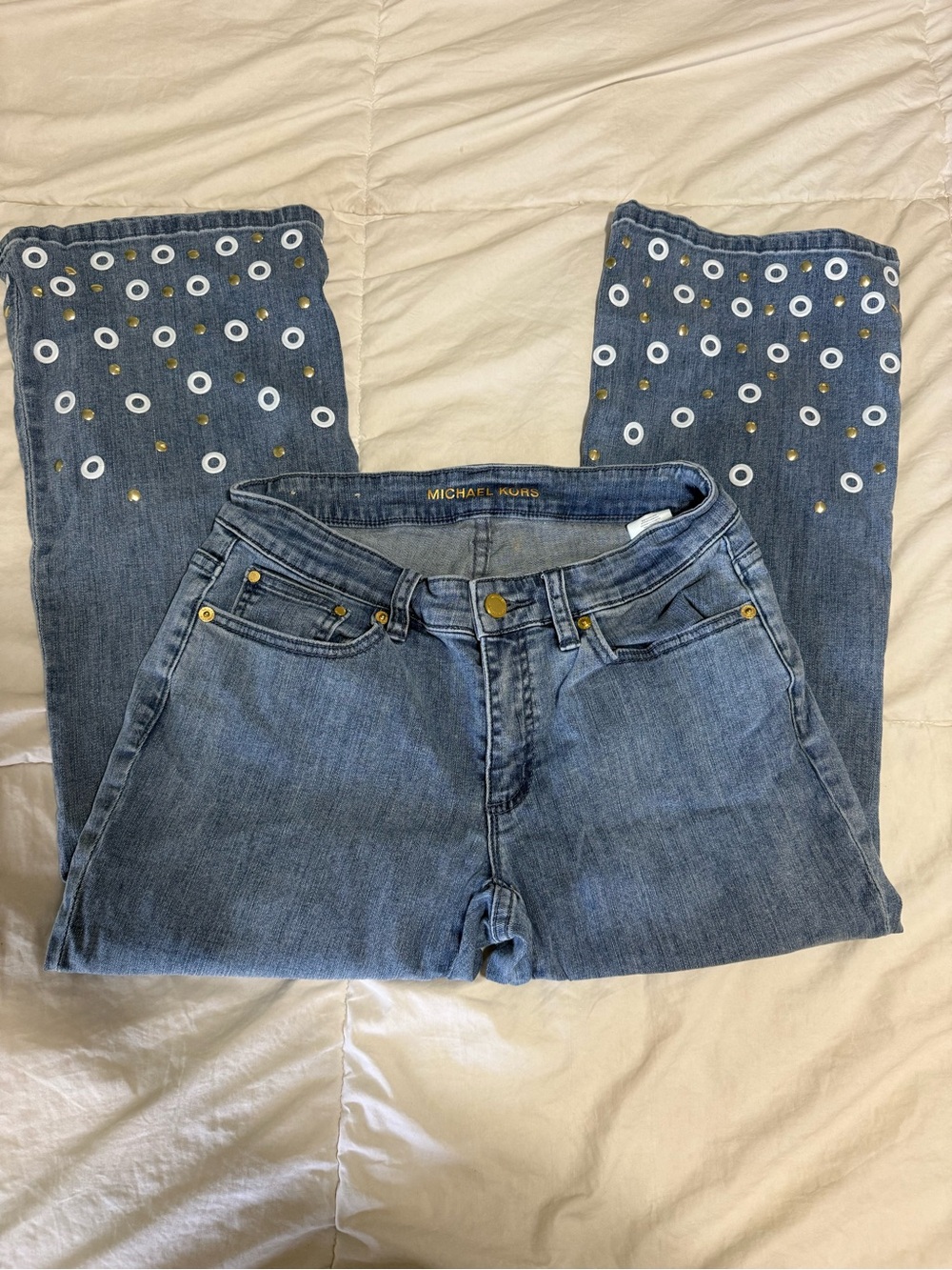 Michael Kors Denim Wide-Leg Jeans with Eyelet & Stud Detail